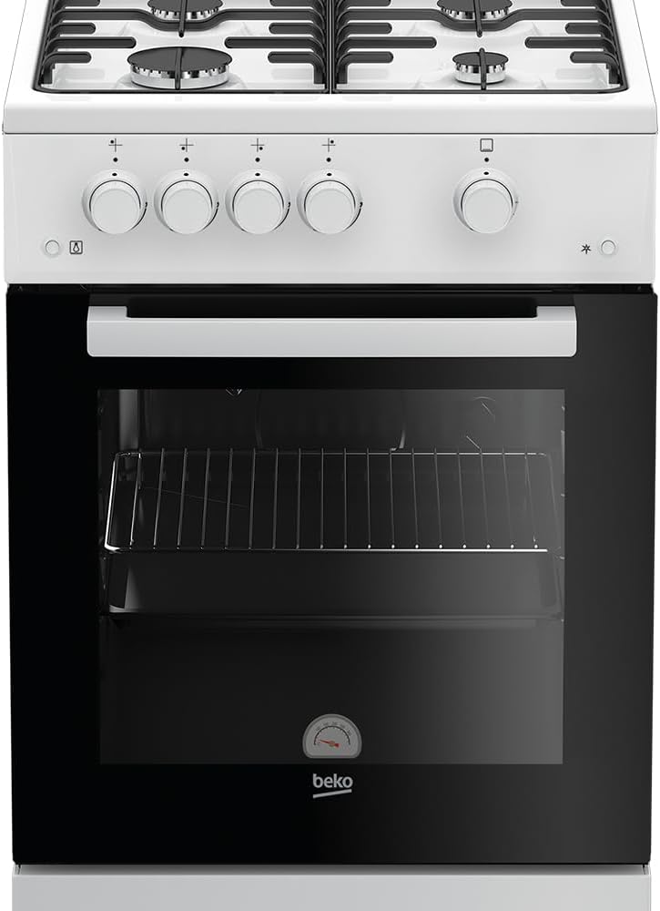 Cocina de gas independiente Beko FSG52010FW, horno de gas con placa de gas, 50 cm, 4 zonas de cocción, horno de gas con encendido eléctrico e indicador de temperatura interior, cristal interior extraíble, blanco