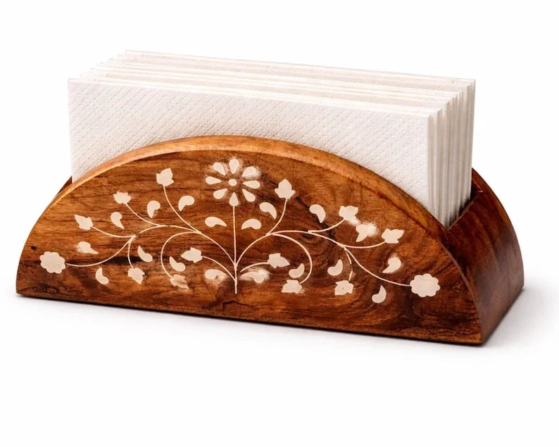 Juego de 2 servilleteros de madera con diseño floral para mesa