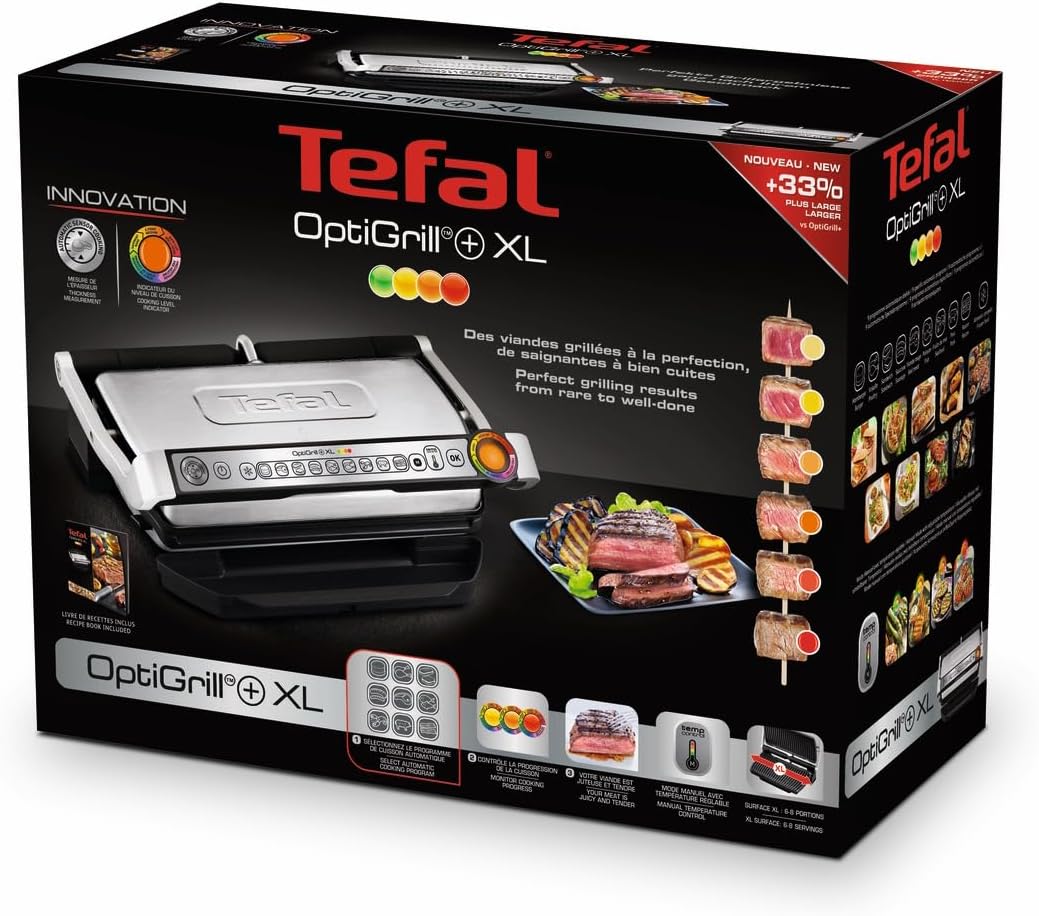 Parrilla de contacto OptiGrill+ XL GC722D16 2000W con 9 programas de cocción, modo manual, placas de parrilla extraíbles e indicador de nivel de cocción
