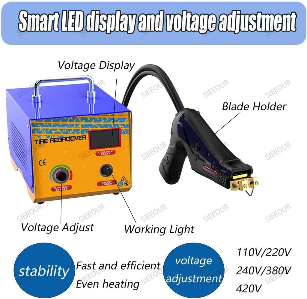 Máquina Ranuradora de Neumáticos SIEEOUR, Regrabadora de 1000W, Dispositivo Profesional con 20 Cuchillas en U/V, Cortador de Goma con Hierro Caliente y Herramienta de Ranurado, para Recauchutado de Neumáticos Desgastados
