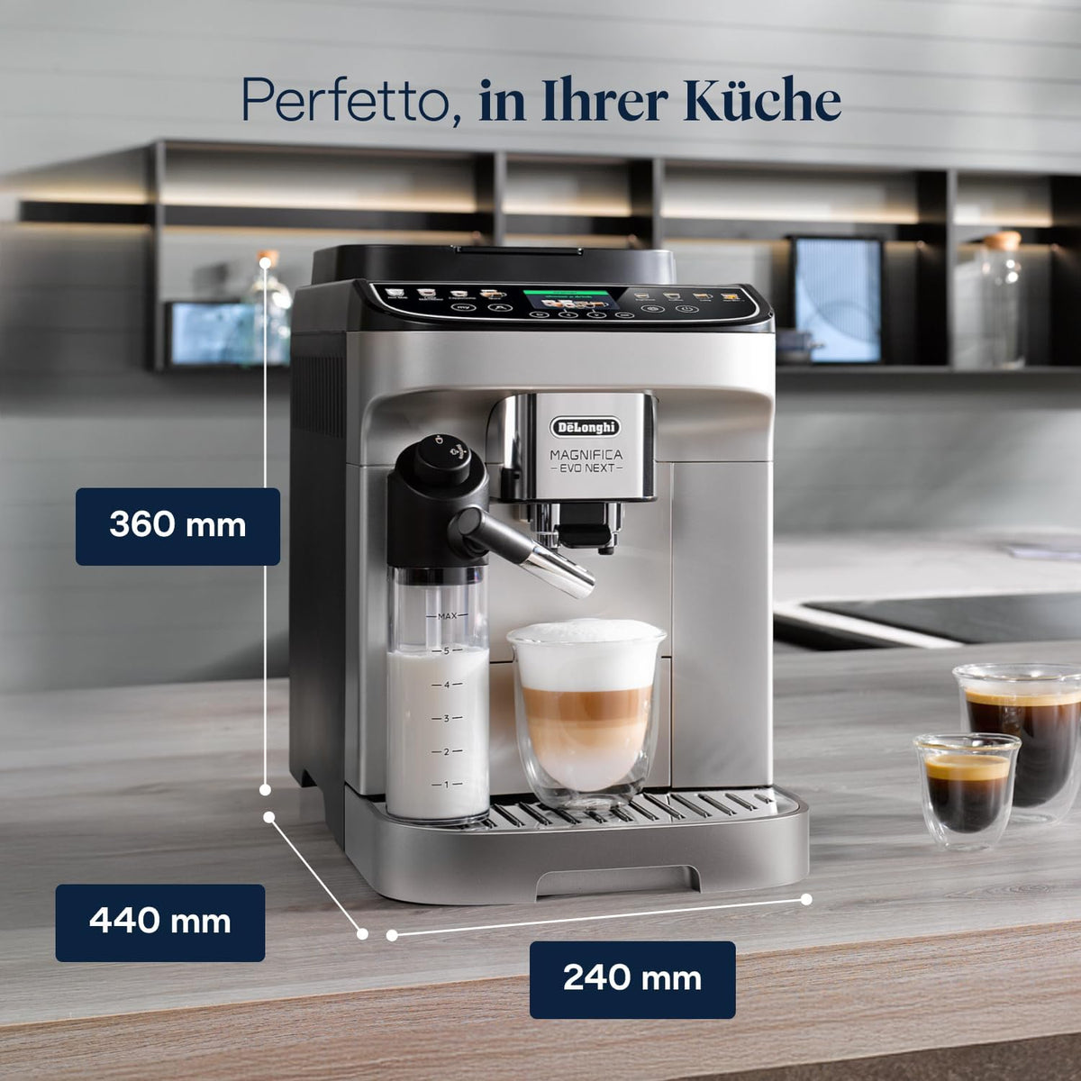 De’Longhi Magnifica Evo Next - Cafetera superautomática Perfetto con sistema de leche LatteCrema, 13 bebidas de un solo toque, cafetera para café y capuchino, pantalla táctil a color, titanio (ECAM312.80.SB)