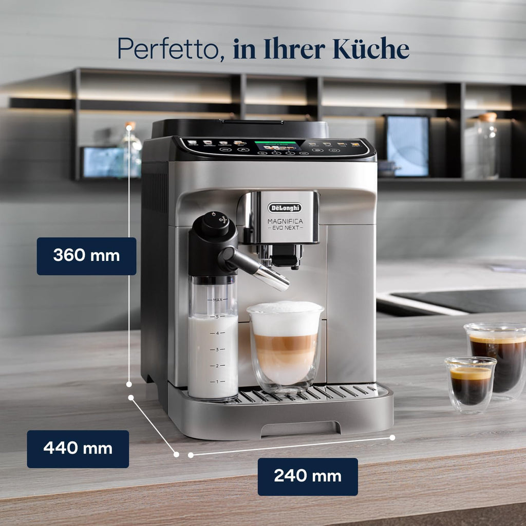 De'Longhi Magnifica Evo Next - Cafetera superautomática Perfetto con espumador de leche LatteCrema, 13 bebidas con un solo toque, cafetera para café y capuchino, pantalla táctil a color, titanio (ECAM312.80.SB)