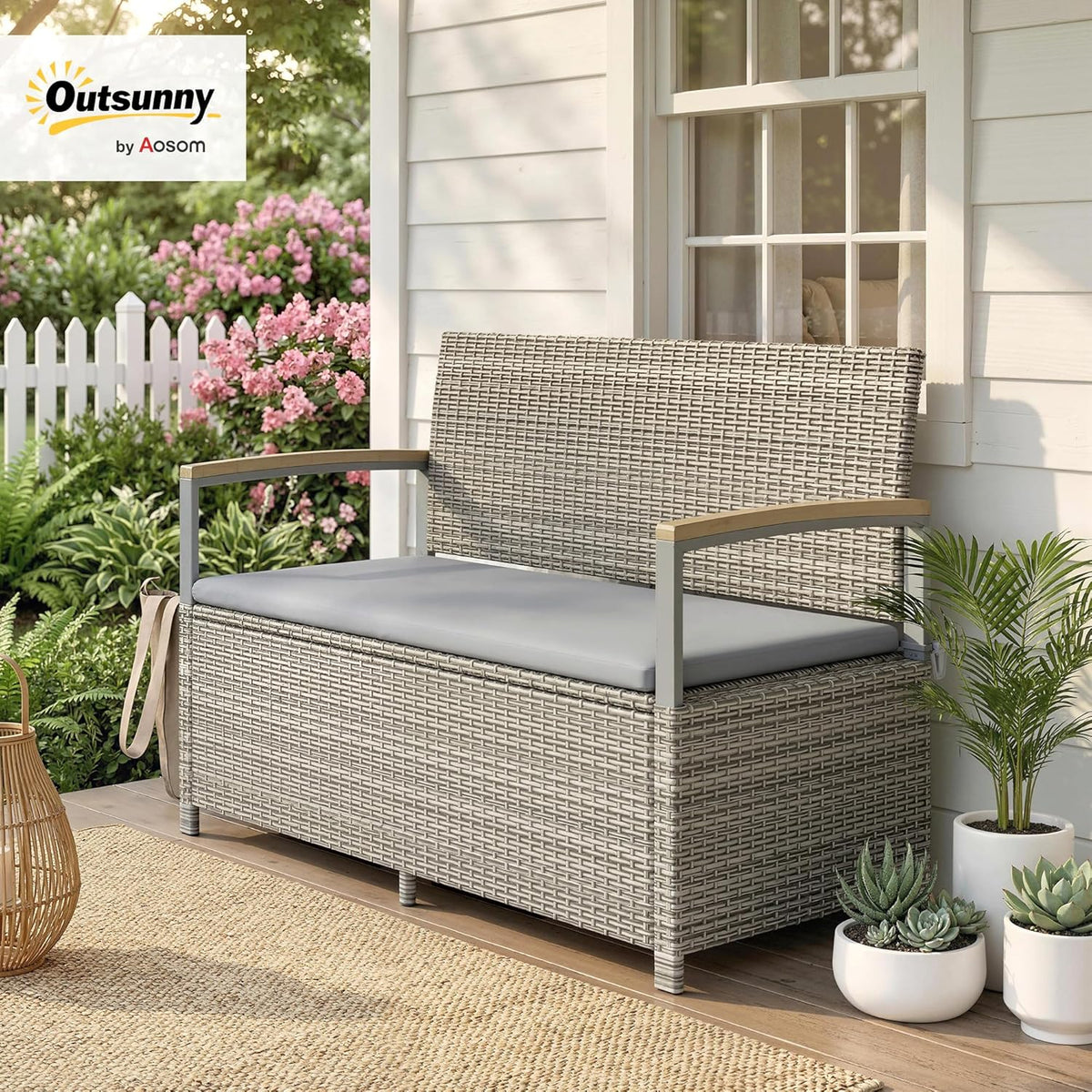 Banco de jardín Outsunny de polirratán, 170 L, banco de 2 plazas con almacenamiento, cojines extraíbles, forro interior con cremallera, reposabrazos de madera de acacia, banco arcón resistente a la intemperie para herramientas, cojín de asiento gris claro