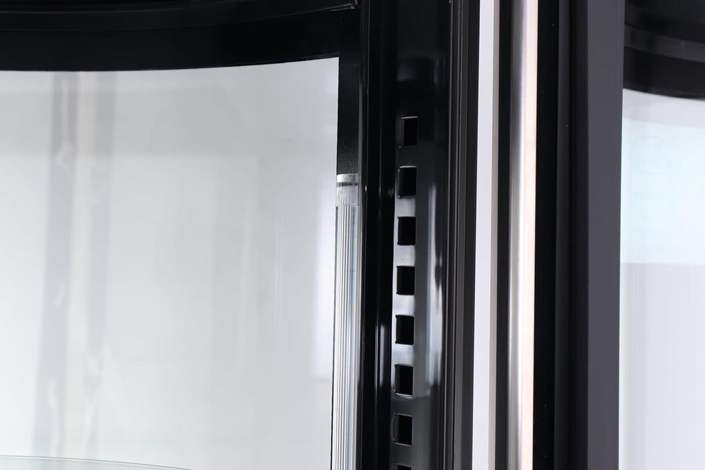 Vitrina refrigerada METRO Professional GRV1100, para hostelería, acero inoxidable/vidrio, 100 L, refrigeración por aire forzado, 490 W, indicador de temperatura,  descongelación automática, redonda, plateada, clase climática 6
