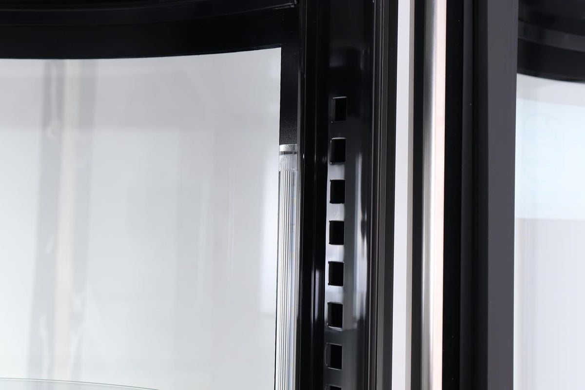 Vitrina refrigerada METRO Professional GRV1100, para hostelería, acero inoxidable/vidrio, 100 L, refrigeración por aire forzado, 490 W, indicador de temperatura,  descongelación automática, redonda, plateada, clase climática 6