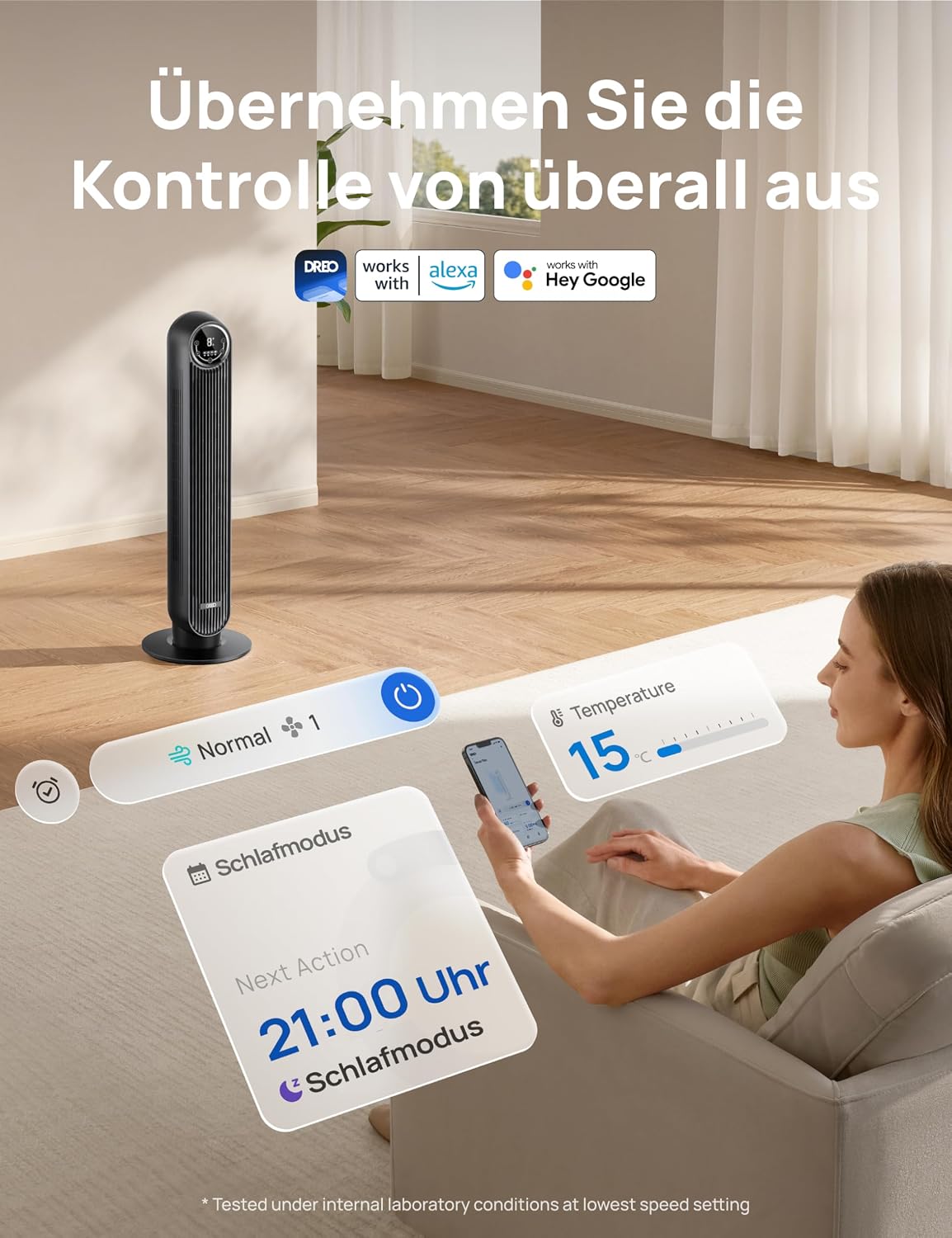 Ventilador de torre inteligente y silencioso DREO, control por APP y voz, ventilador oscilante de 90° con mando a distancia, 4 modos, 4 velocidades, temporizador de 8 h, Nomad One S, negro
