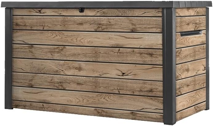 Baúl de almacenamiento Keter Ontario 870 litros | 100 % impermeable con ventilación para evitar malos olores y moho | Diseño moderno efecto madera | Tapa con pistones de gas