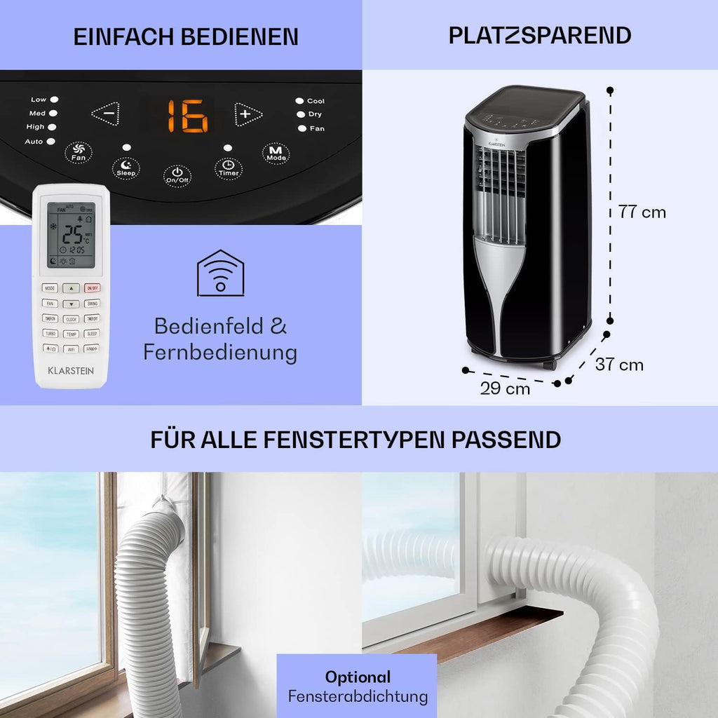 Aire acondicionado portátil Klarstein con manguera de escape, unidad 3 en 1 con ventilador y deshumidificador, aire acondicionado pequeño y portátil para hogar y oficina, aire acondicionado de 10 000 BTU de bajo consumo