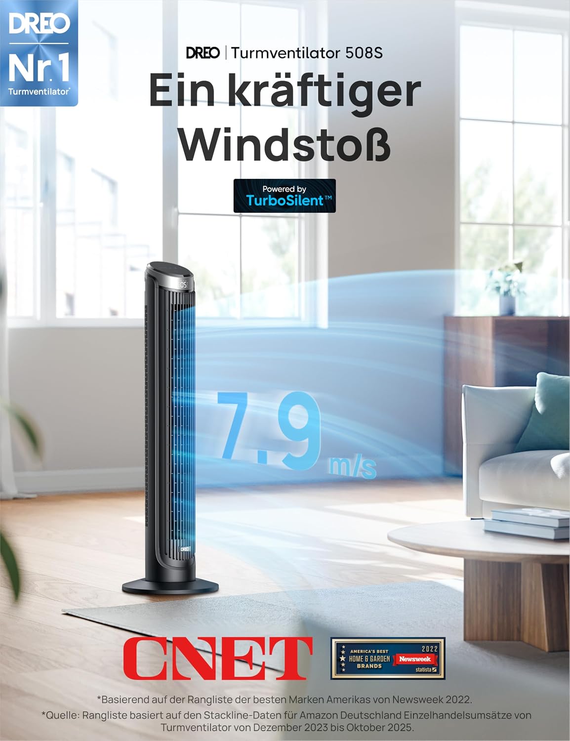 DREO Smart Turmventilator Sehr Leise, 90° Oszillierend Standventilator für Schlafzimmer, 7.9 m/s Windstärke, 5 Stufen, 4 Modi, Touch/Fernbedienung/App & Sprachsteuerung, Alexa, 12H Timer, Silber