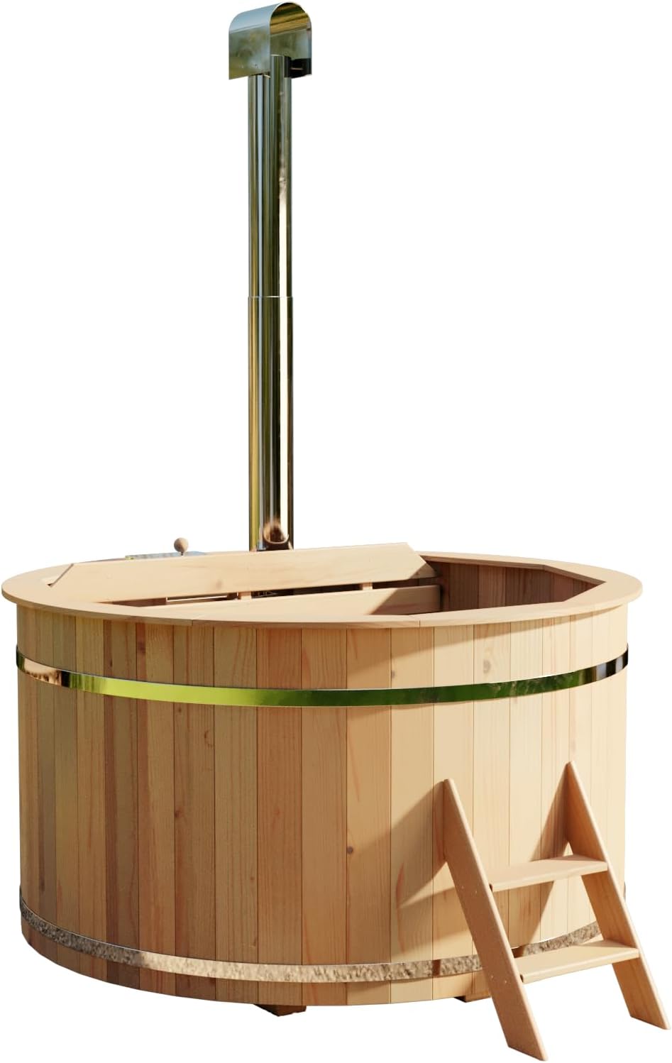 Tina de baño de madera Bergen, Hot Tub Ø 160 x 110 cm, incl. estufa de acero inoxidable de 22 kW y escalera de acceso, 3-4 personas, piscina, tina de baño, hidromasaje
