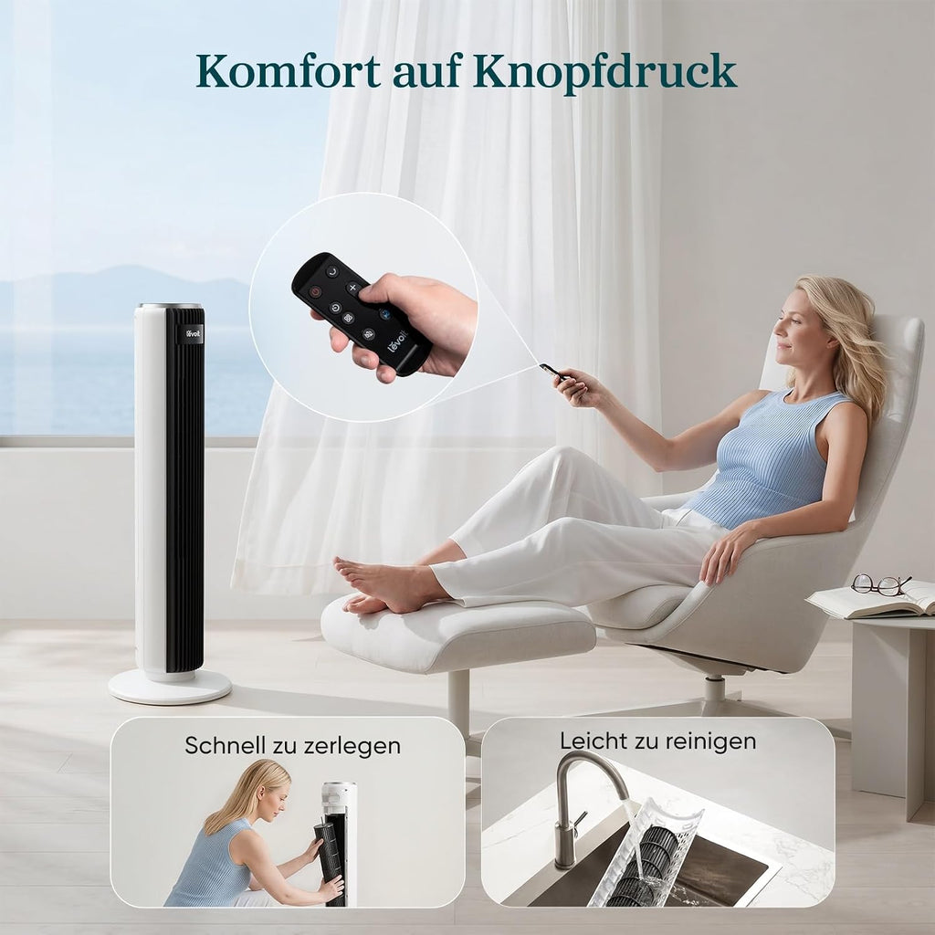 Ventilador de torre Levoit con modo de suspensión avanzado, silencioso, temporizador de 12 horas, 4 modos, 5 velocidades, modo automático con sensor, oscilación, mando a distancia, blanco, 92 cm
