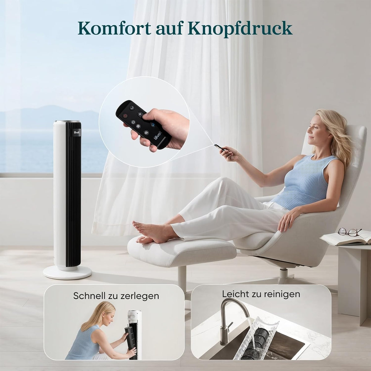 Ventilador de torre Levoit con modo de suspensión avanzado, silencioso, temporizador de 12 horas, 4 modos, 5 velocidades, modo automático con sensor, oscilación, mando a distancia, blanco, 92 cm