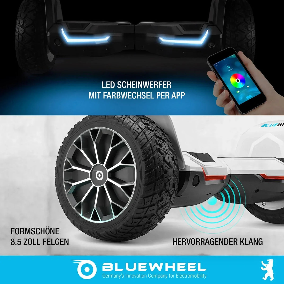 Hoverboard todoterreno HX510 de 8,5 pulgadas con motor dual de 700 W, Bluetooth, control por aplicación, luces LED y capacidad de carga de 120 kg