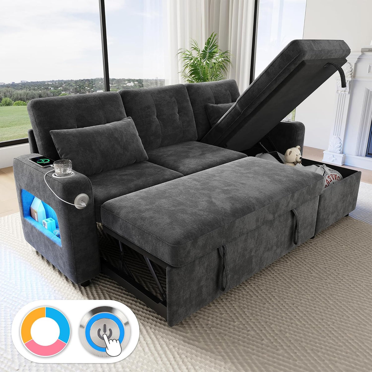 Sofá en L Merax con función cama y arcón, práctico sofá cama con espacio de almacenamiento, iluminación LED, USB/Tipo-C y 2 portavasos, sofá cama extraíble en forma de L, tela de chenilla, gris