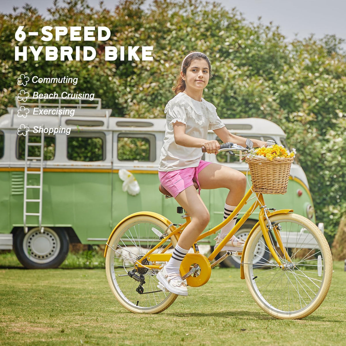 Glerc Missy 20, 24, 26 pulgadas bicicleta híbrida urbana tipo crucero para niñas, de 6 velocidades, con cesta de mimbre, para jóvenes mayores de 6 años, varios colores