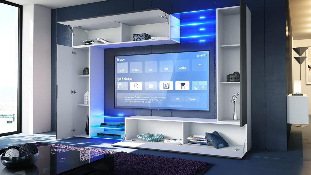 Mueble de salón Vladon Mirage, fabricado en Alemania, mueble mural con panel trasero, 2 puertas, 2 puertas abatibles y 6 estantes de cristal abiertos, blanco mate/crema de alto brillo (262 x 183 x 39 cm)