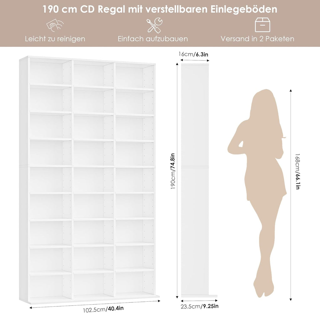 Estantería para libros FirFurd de 190 cm, estante para CD con 27 compartimentos, soporte para CD ajustable en altura, estantería de pie, separador de ambientes para sala de estar, estudio, blanco