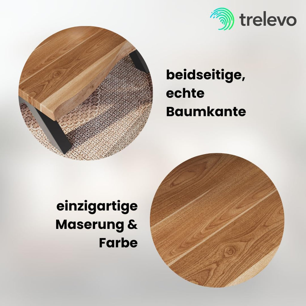 Mesa de comedor 200x100 cm, madera de acacia maciza, tablero color natural, borde de árbol auténtico, estructura en X negra, mesa con borde natural