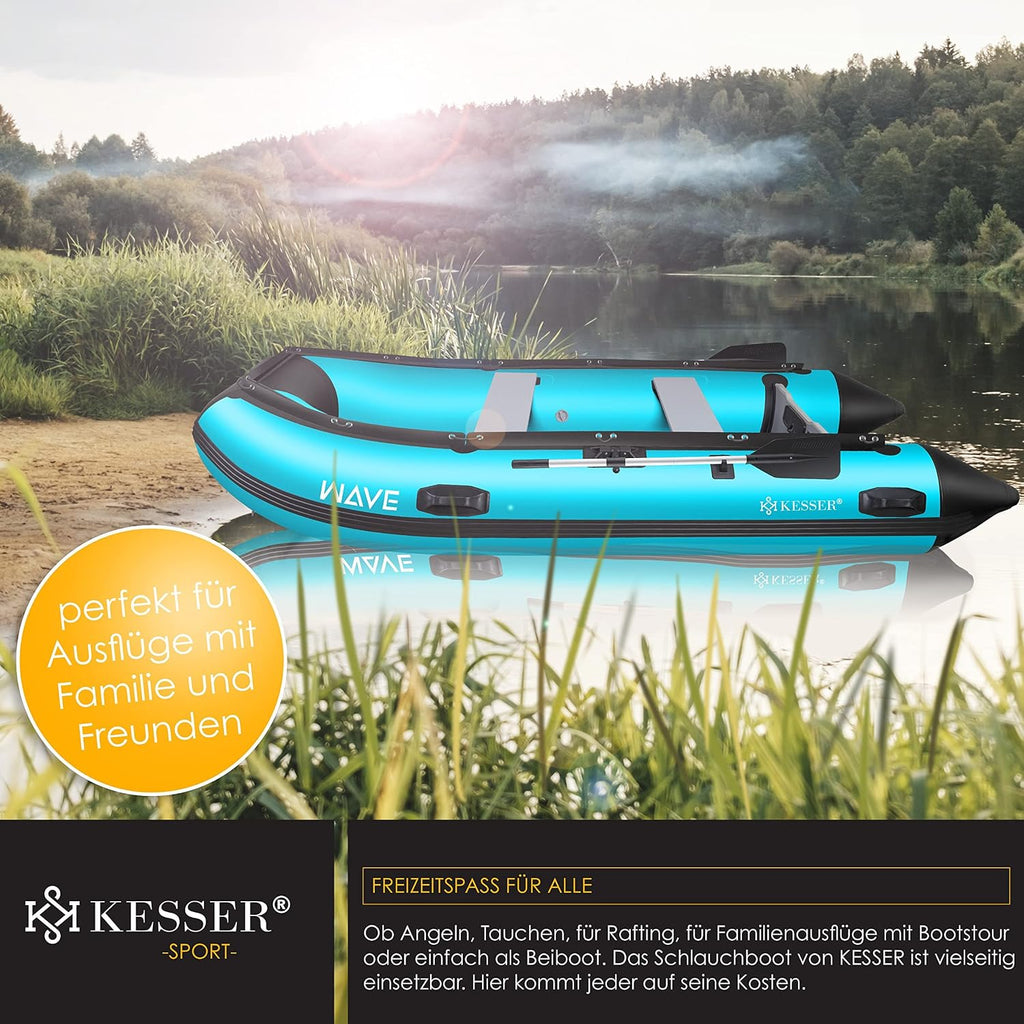 KESSER® Bote neumático Wave 230-320 cm Set de 6 piezas inflable – Bote + banco, bomba de aire, remos, kit de reparación, bolsa, bote de pesca, bote de remos pequeño y grande - compatible con motor, apto para agua salada