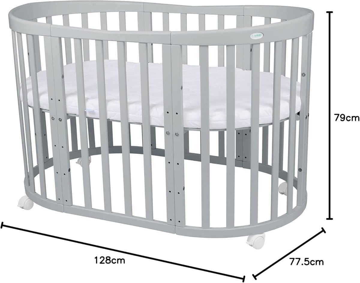 Cuna ovalada evolutiva Waldin, set completo 7 en 1, cuna de barrotes, cama infantil con colchón, cambiador, cuna colecho, madera blanca