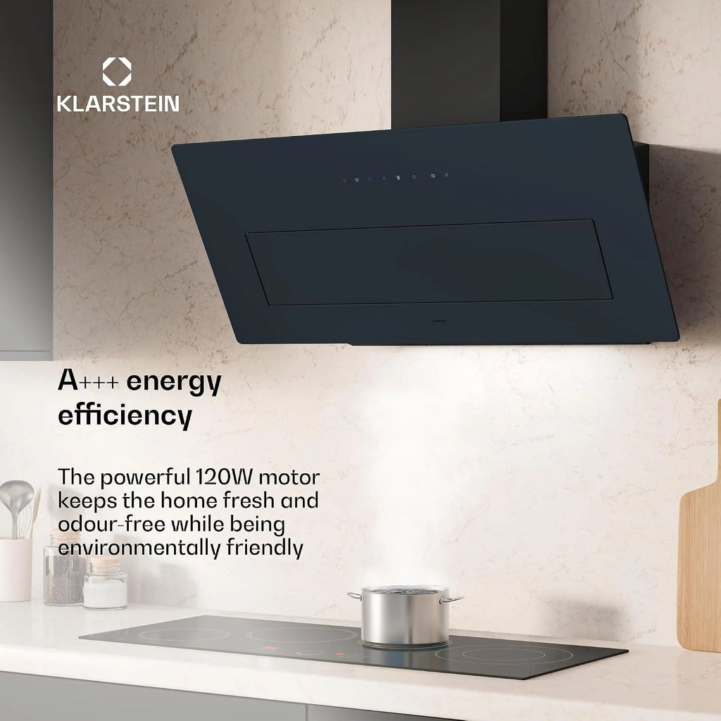 Klarstein SleekAir Okap kuchenny - Okap skośny 90cm, 717 m³/h, Klasa energetyczna A++, Sterowanie dotykowe, LED 5W, Podwójna wentylacja, Antracytowy