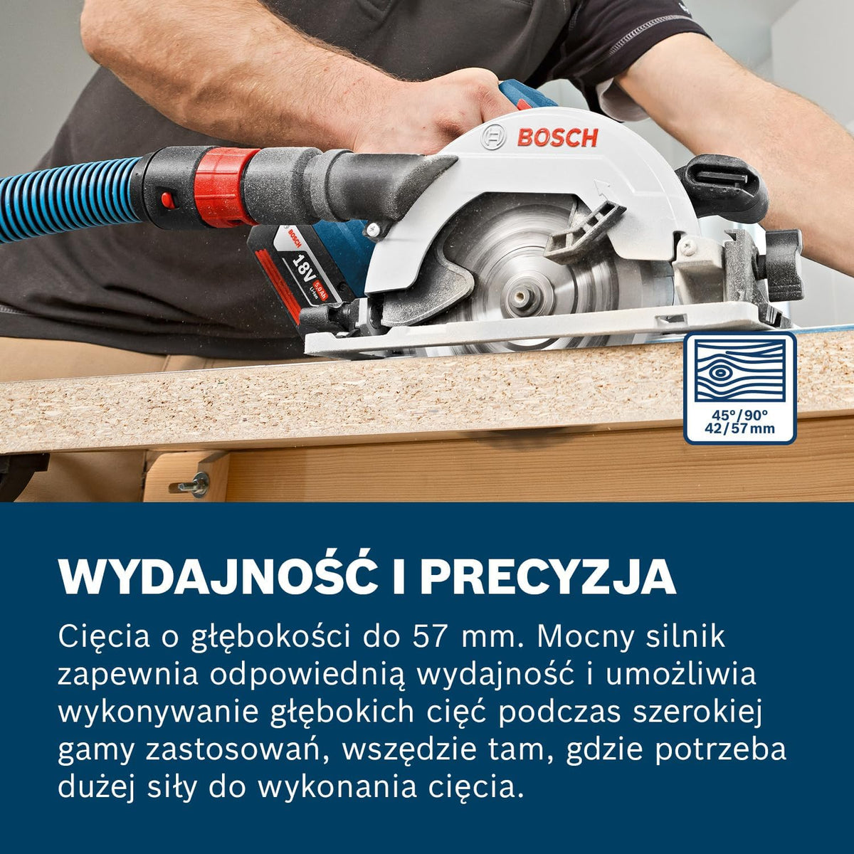 Bosch Professional system 18V: akumulatorowa pilarka tarczowa GKS 18V-57 (średnica tarczy pilarskiej 165 mm, prędkość obrotowa bez obciążenia 3.400 min-1, L-BOXX)