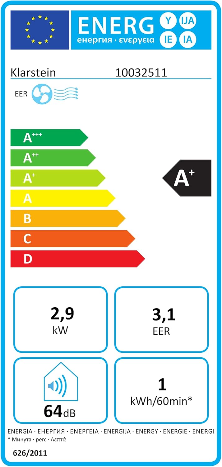Aire acondicionado portátil Klarstein con manguera de escape, unidad 3 en 1 con ventilador y deshumidificador, aire acondicionado pequeño y portátil para hogar y oficina, aire acondicionado de 10 000 BTU de bajo consumo