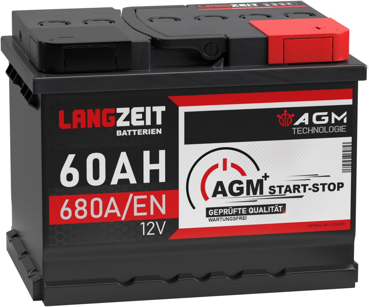 Batería de coche LANGZEIT 60Ah 12V AGM 680A/EN – Batería de automóvil Start-Stop VRLA de alto rendimiento