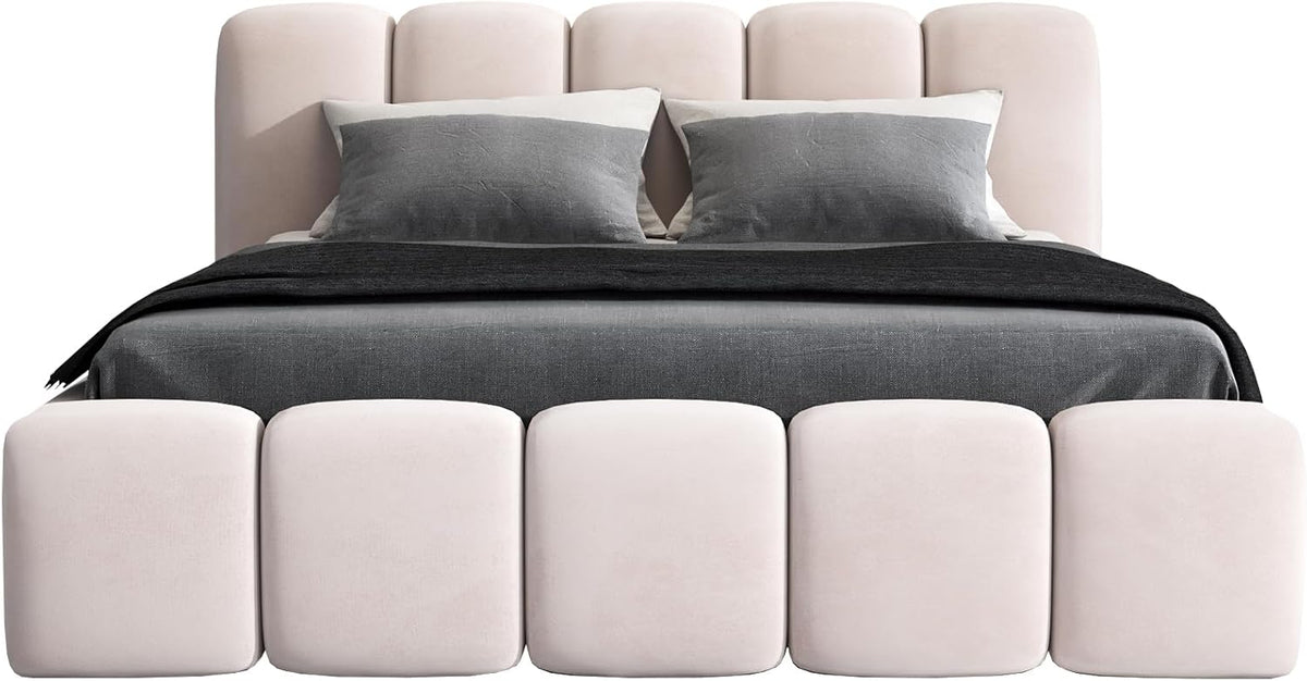 Cama tapizada A&J MöbelLand 140x200 con arcón y somier – Sonic, cama con colchón y almacenamiento en beige