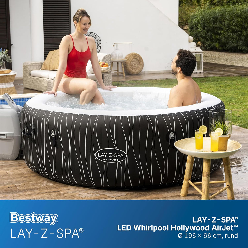 Jacuzzi inflable LED Bestway Lay-Z-Spa Hollywood para 6 personas, Ø 196x66 cm | 140 chorros AirJet, tira de luces LED con control remoto, calefacción hasta 40°C, 4 cojines de espuma