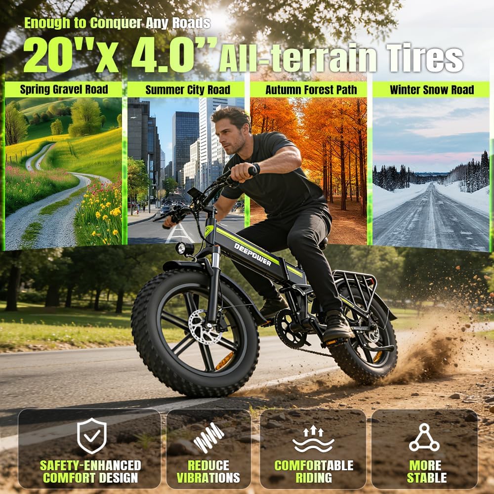 Bicicleta eléctrica plegable, batería extraíble de 48 V 25 Ah, autonomía de 110 km, bicicleta eléctrica con neumáticos fat bike de 20" x 4", suspensión completa, frenos hidráulicos, 7 velocidades, bicicleta