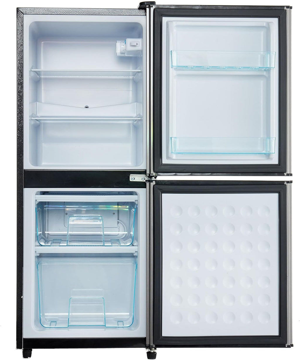 Frigorífico con congelador Merax de 106 l, combinación de frigorífico y congelador con nevera de 60 l, congelador de 46 l, 7 ajustes de temperatura, iluminación LED, estantes ajustables, funcionamiento silencioso de 45 dB, gris plateado