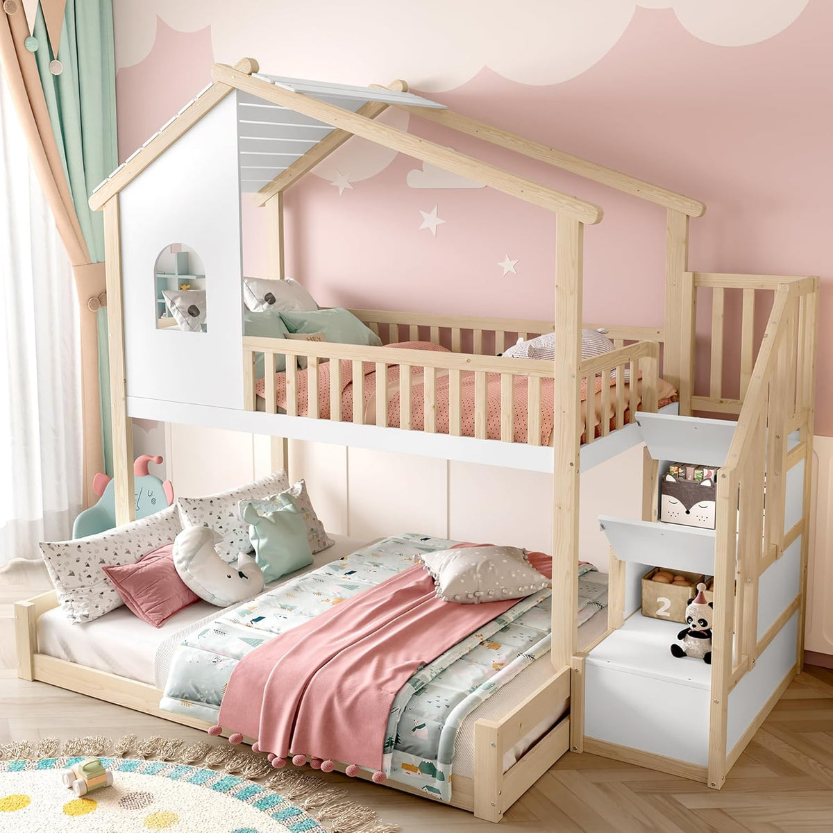 Litera infantil Merax para 2 niños, 90x200 y 140x200 cm, cama alta tipo casita con techo, ventana y barandilla, escalera con 2 compartimentos de almacenamiento, cama con somier y protección anticaídas, sin colchón, blanco y natural
