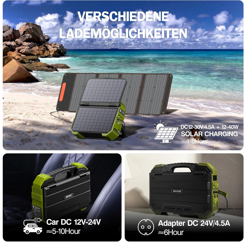 Estación de energía portátil BROWEY con panel solar, panel de carga solar propio de 12-40W, 614Wh, 1000W de potencia nominal, generador solar de 2000W de potencia máxima para camping al aire libre, caravaning y preparación para emergencias.