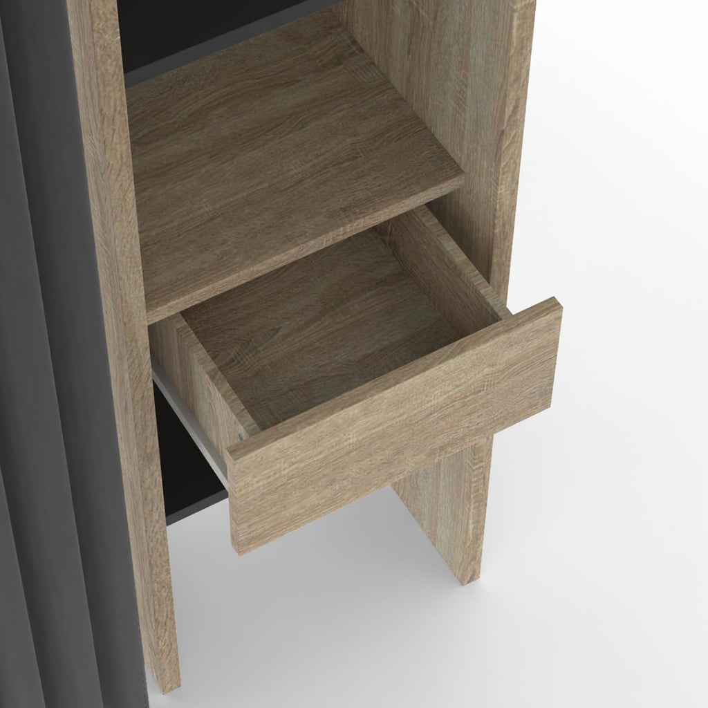 IDMarket - Vestidor extensible doble Meryl 120/180 x 50 x 180 cm haya con estantes color haya + doble barra para colgar + cortina negra