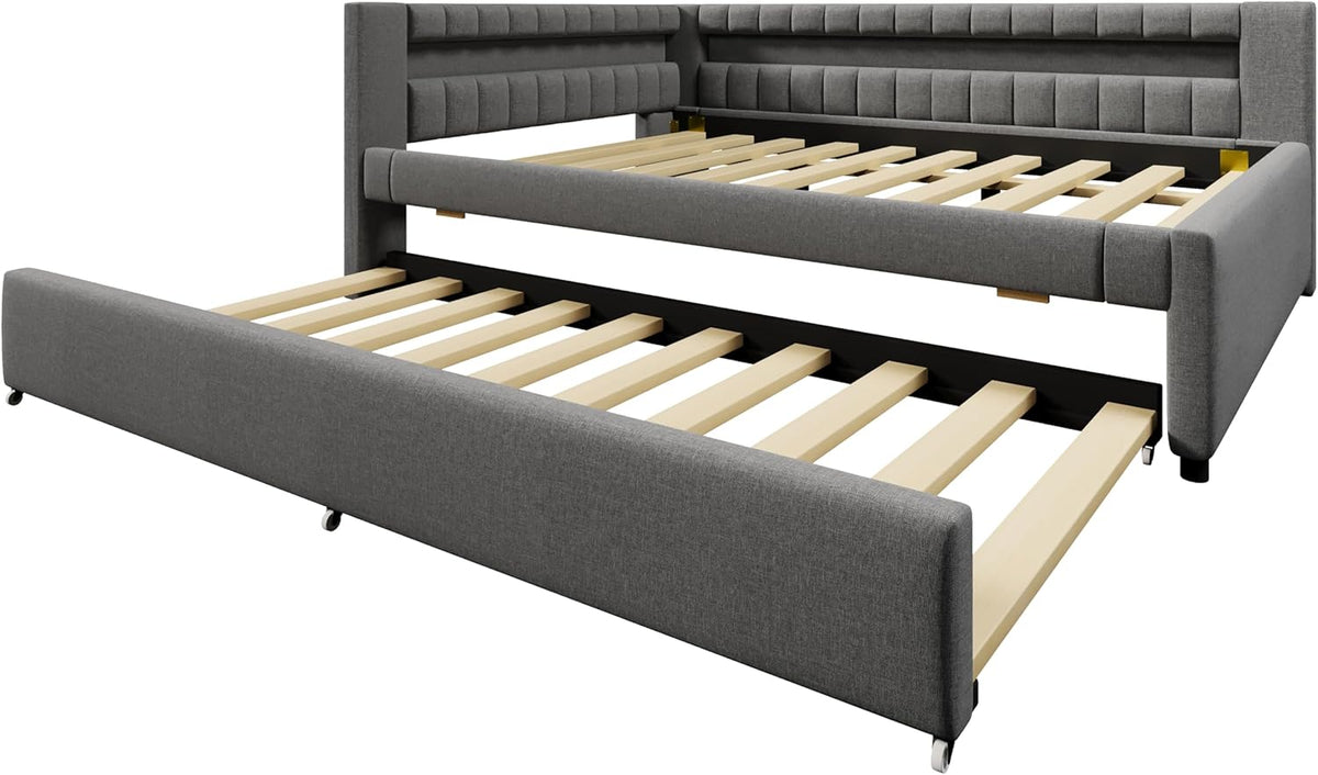 Cama tapizada con sofá cama 140x200 con iluminación LED y función de carga USB tipo C, estructura de cama con cama extraíble y somier, cama doble, diván, cama de día, cama de invitados, cama juvenil, lino, sin colchón, gris