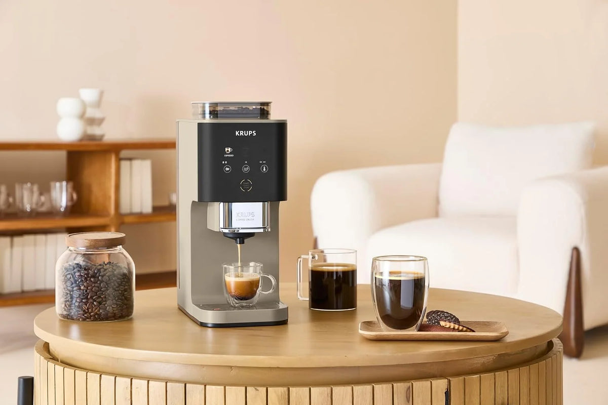 Krups Coffee Crush SA402AE0 Ekspres do kawy ciśnieniowy kolbowy z młynkiem, młynek ze stali nierdzewnej, tylko 15 cm szerokości, inteligentny panel sterowania, ciśnienie 15 barów