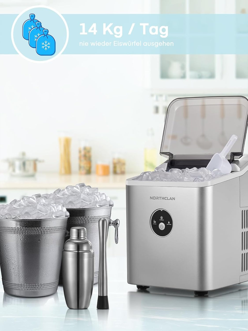 Máquina de hielo ganadora del test 2025, 14 kg en 24 horas, 9 cubitos de hielo en 6-8 minutos, funcionamiento silencioso, fabricador de hielo de 120W con pala y cesta, máquina de hielo pequeña para el hogar, oficina