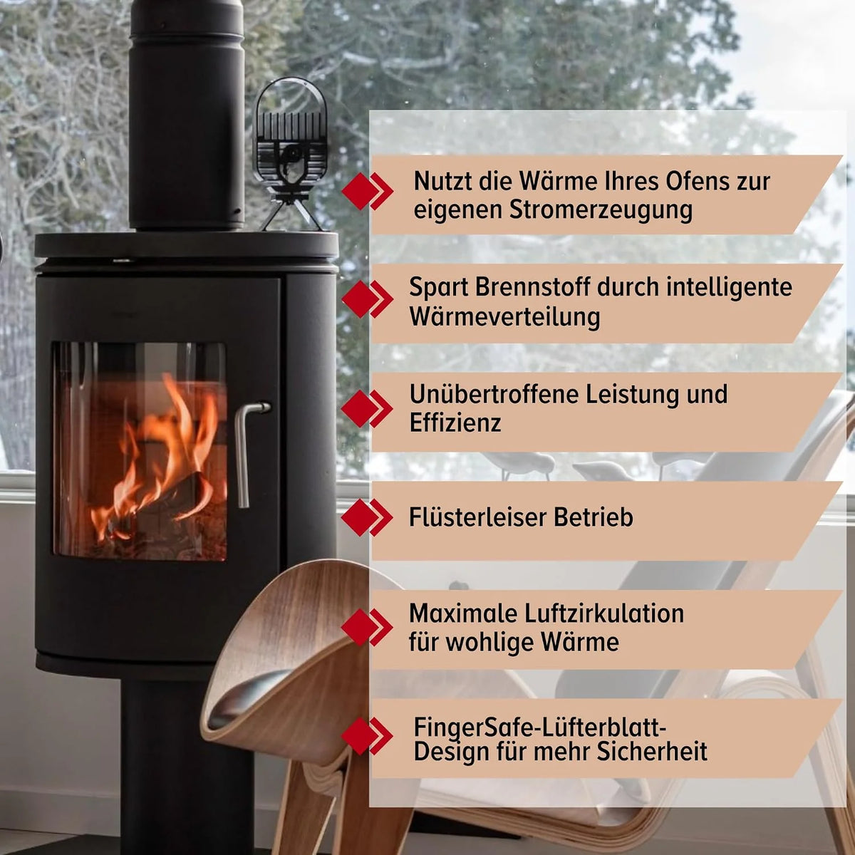 Ecofan Wentylator grzewczy AirDeco I – wydajny, nowoczesny design, technologia niskiej temperatury początkowej, idealny do pieców na drewno, gaz, pellet i steatyt - efektywnie cyrkuluje ciepłe