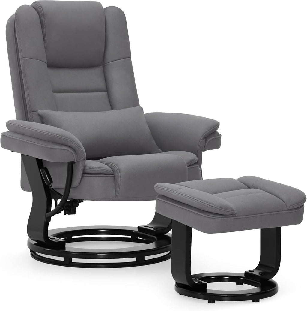 MCombo Sillón relax con función reclinable, sillón de lectura, sillón de TV giratorio 360°, con taburete, cojín y bolsillo lateral, sillón de TV para salón con capacidad de carga de hasta 120 kg, 9099 (microfibra, gris)