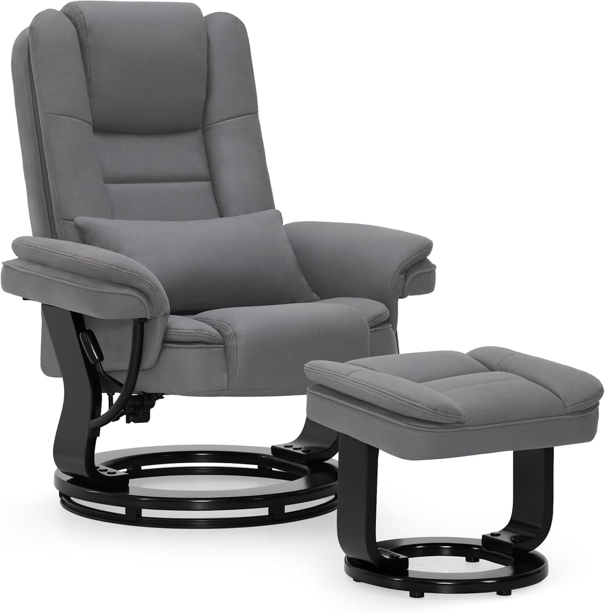 MCombo Sillón relax con función reclinable, sillón de lectura, sillón de TV giratorio 360°, con taburete, cojín y bolsillo lateral, sillón de TV para salón con capacidad de carga de hasta 120 kg, 9099 (microfibra, gris)
