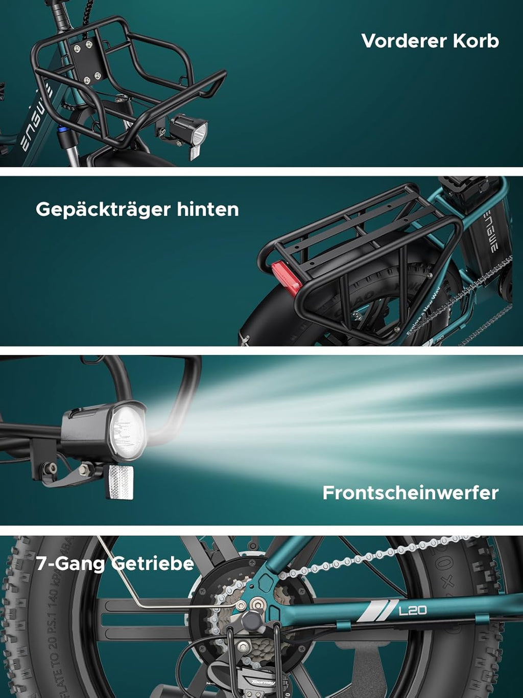 Bicicleta eléctrica ENGWE L20 Boost para adultos, batería extraíble de 48V 13Ah, autonomía de hasta 126 km, neumáticos anchos de 20×4,0, ebike de 7 velocidades