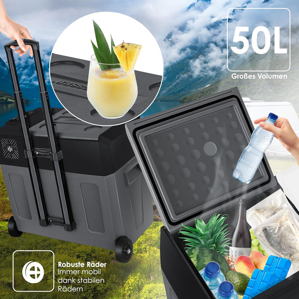 KESSER® Nevera de compresor eléctrica para coche de 50L, nevera de camping 12/24/230V con control por APP, congelador hasta –20 °C, nevera con ruedas y asa telescópica para camping, autocaravana, camión y barco + 2 acumuladores de frío
