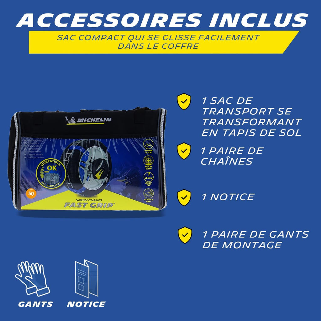 MICHELIN FAST GRIP Cadenas de nieve de montaje frontal n.º 90 - Vehículos no encadenables - Compatibles con sistemas ABS ESP - Tensión automática - Montaje en 2 minutos - Adherencia óptima en nieve y hielo