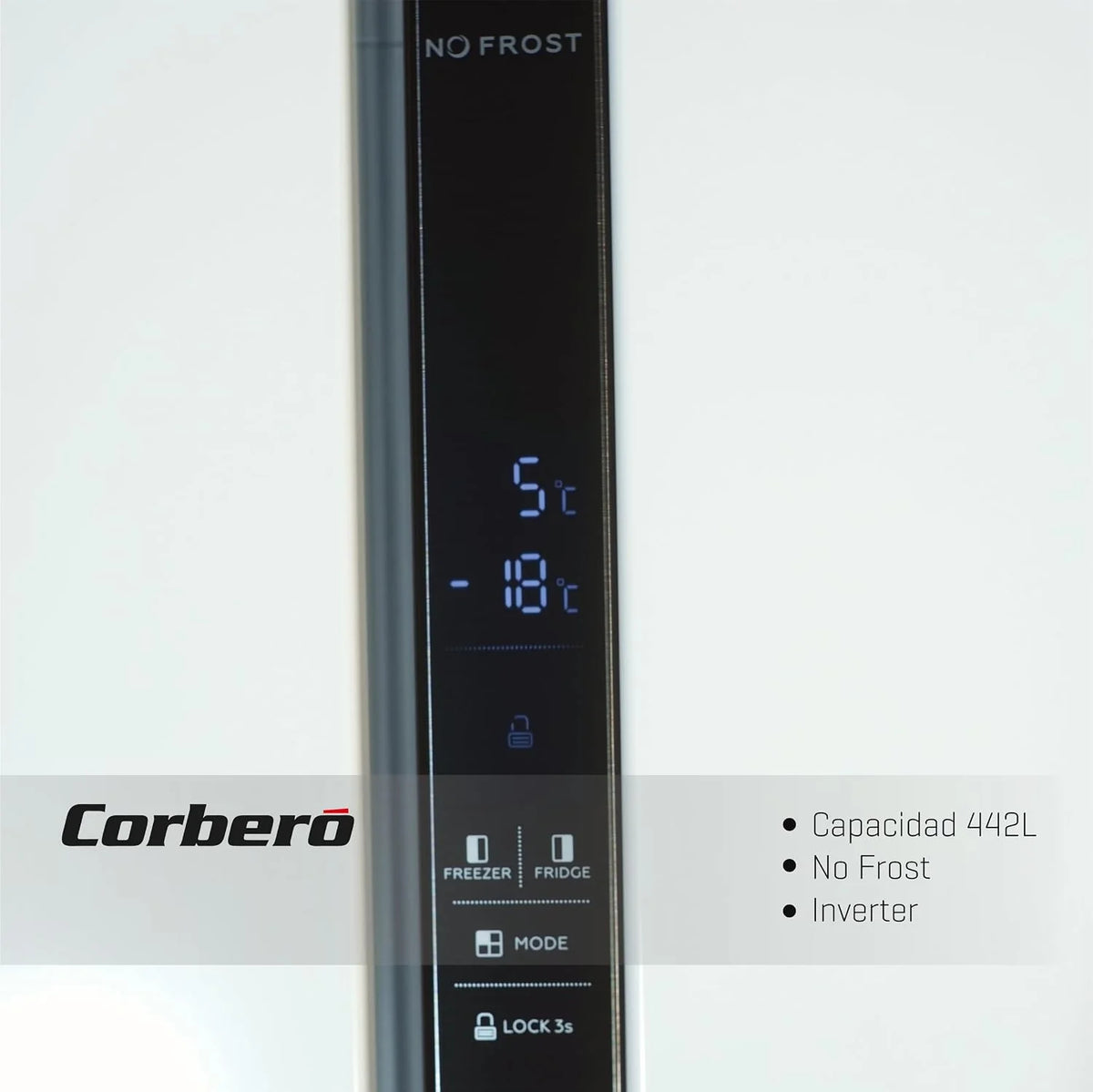 Corberó - Amerykańska lodówka | CFSBSH634NFW | 442L | 186 cm | No Frost | Inwerter | Wyświetlacz | Światło LED | 2 szuflady | Funkcja ECO | Półki szklane | Srebrny wykończenia | biały