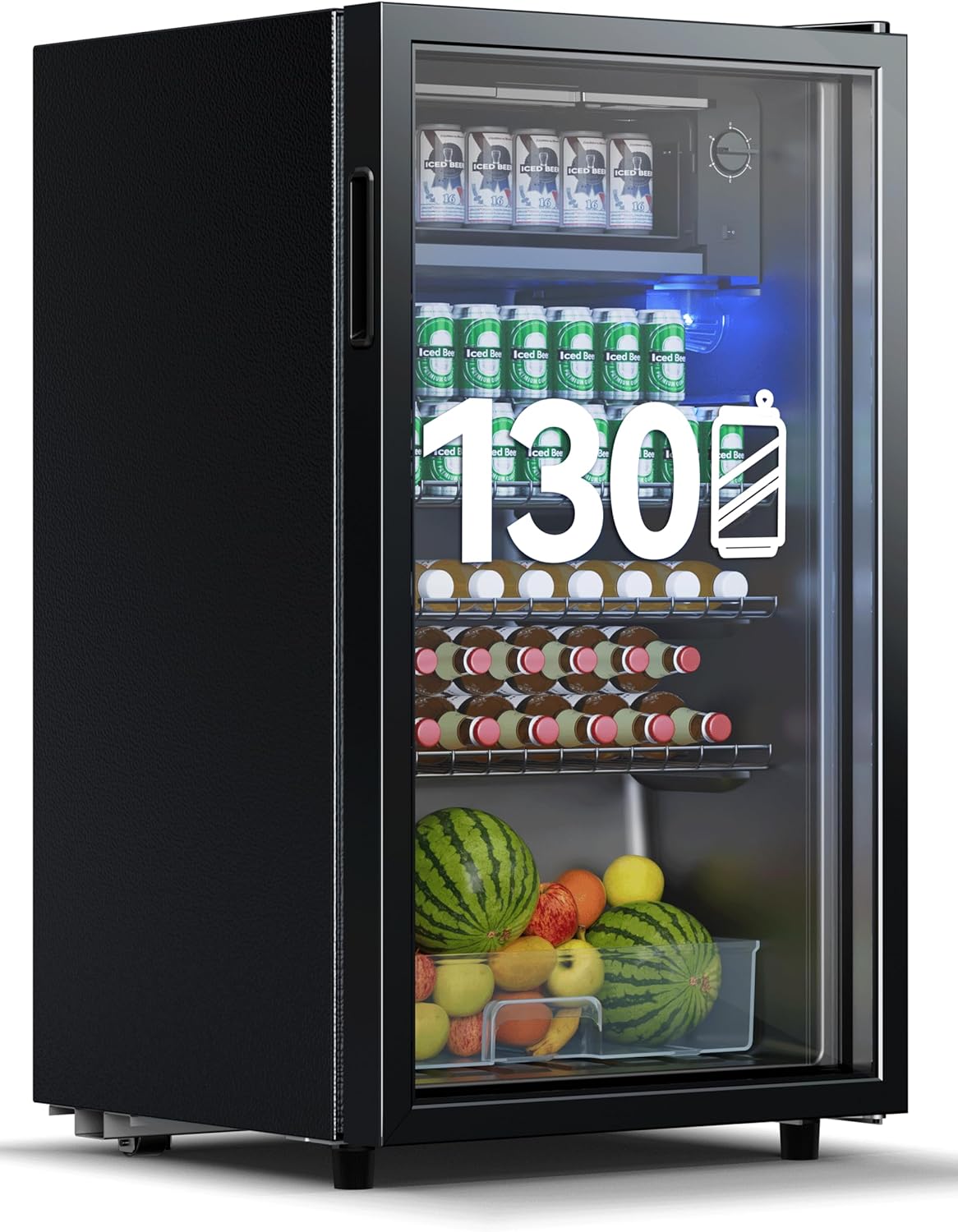 Nevera para bebidas Devoko de 93 L con capacidad para hasta 130 latas, con puerta de cristal e iluminación interior LED. Incluye estantes de altura regulable para refrescos, cerveza y vino. Ideal para el hogar y la oficina en color negro.