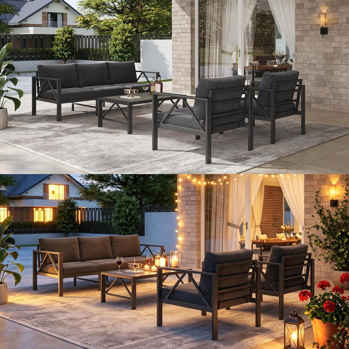 Conjunto de muebles de jardín de aluminio OMERAI de 5 piezas, incluye funda protectora impermeable para 7 personas, salón de jardín exterior con sofá, sillones y mesa, conjunto de jardín para jardín, terraza y balcón, gris oscuro