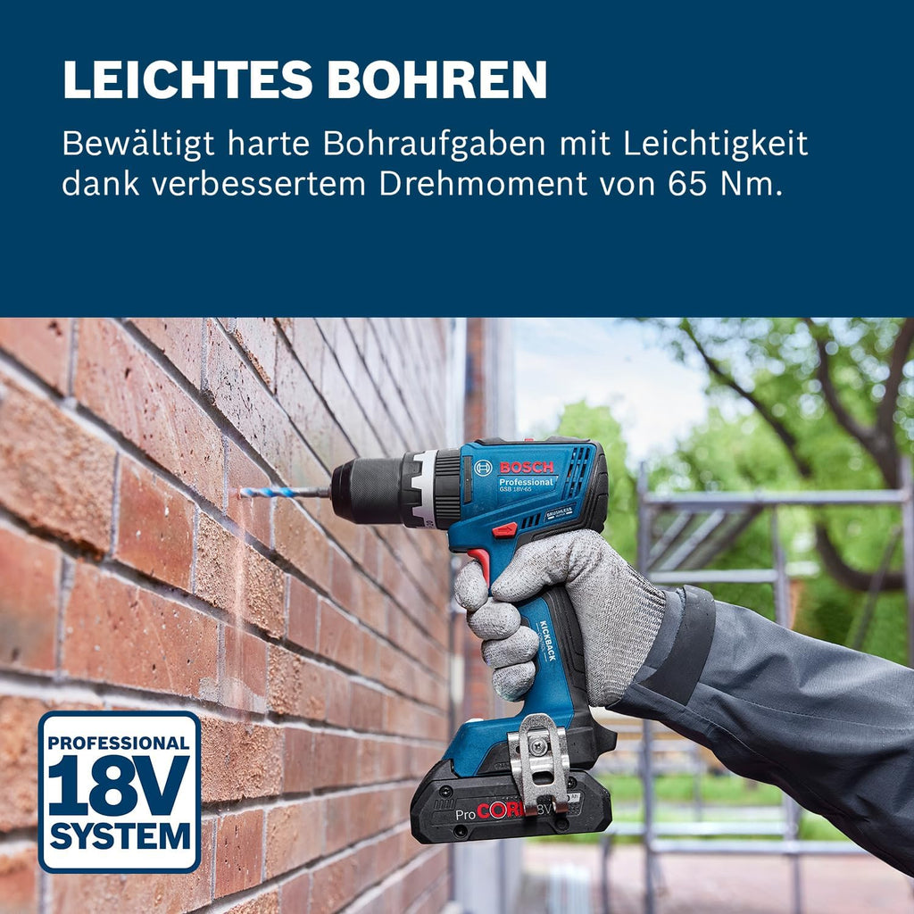 Taladro atornillador de percusión a batería Bosch Professional 18V System GSB 18V-65 (motor sin escobillas, longitud de cabezal 175, incl. 2 baterías GBA 18V 5.0Ah, cargador GAL 18V-40, L-BOXX)