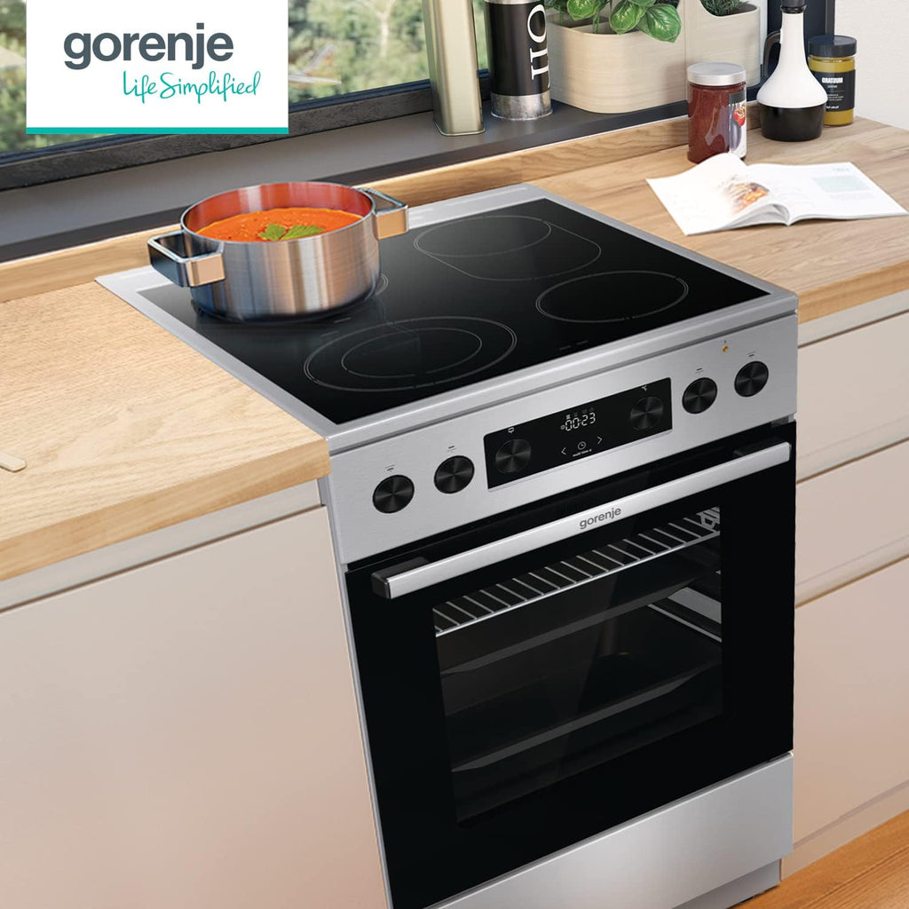 Gorenje GECS5C70XPA Cocina eléctrica independiente con placa vitrocerámica / 50 cm / 70 litros / GentleClose / Calentamiento rápido / AirFry / ExtraSteam / Modo pizza 300°C / Guías telescópicas / AquaClean / Zona paellera / negro
