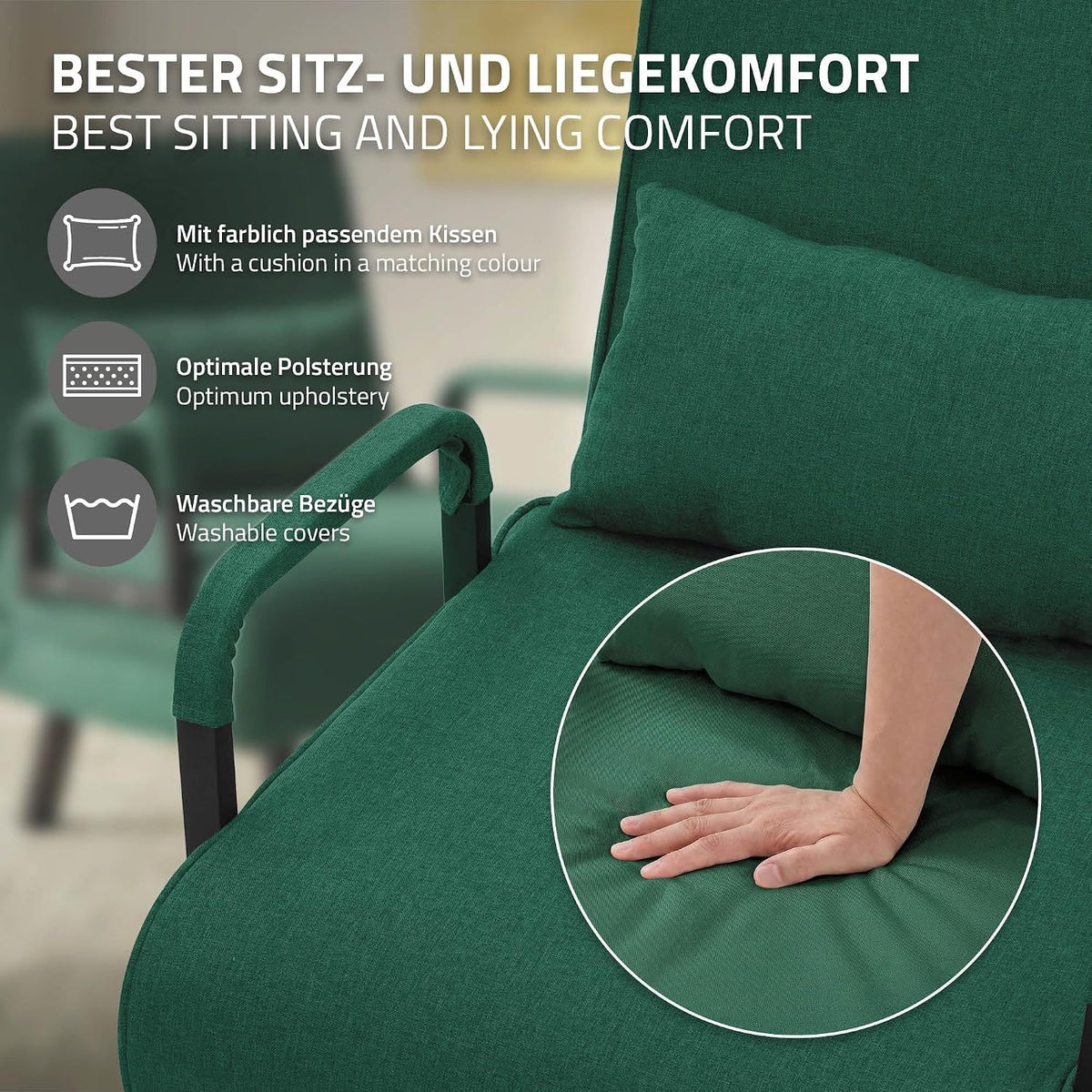 ML-Design Fotel Rozkladany 3 w 1 z Funkcja Spania, Skladany z Regulowanym Oparciem, Rozkladana Sofa dla Gosci, Lózko Jednoosobowe Stelaz Stalowy Miekka Tkanina Chenille Wygodny do Salonu Ciemnozielony